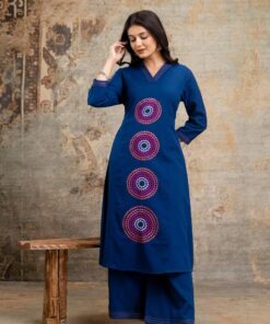 Alternative view of Blue Cotton Embroidered A-line Kurti Set