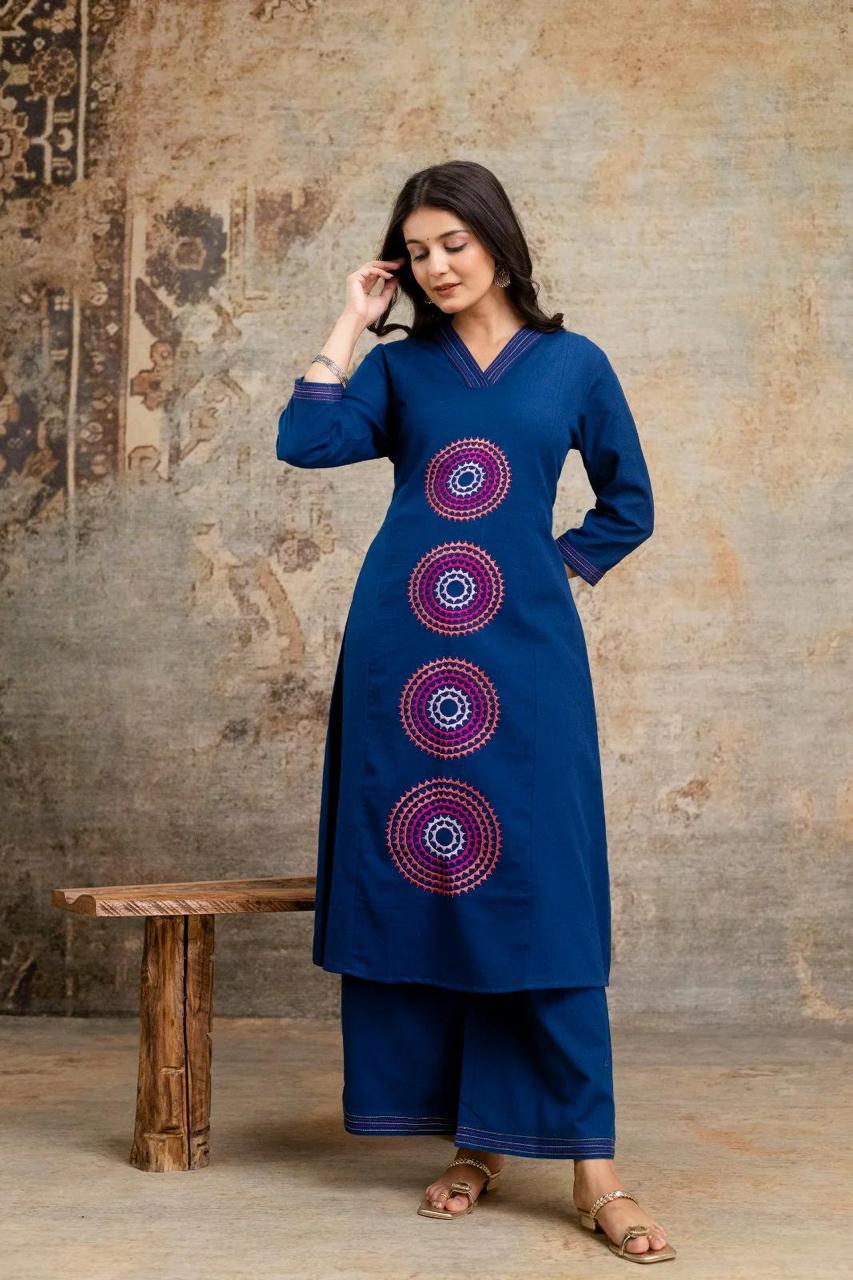Blue Cotton Embroidered A-line Kurti Set - Image 2