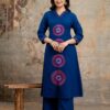 Blue Cotton Embroidered A-line Kurti Set