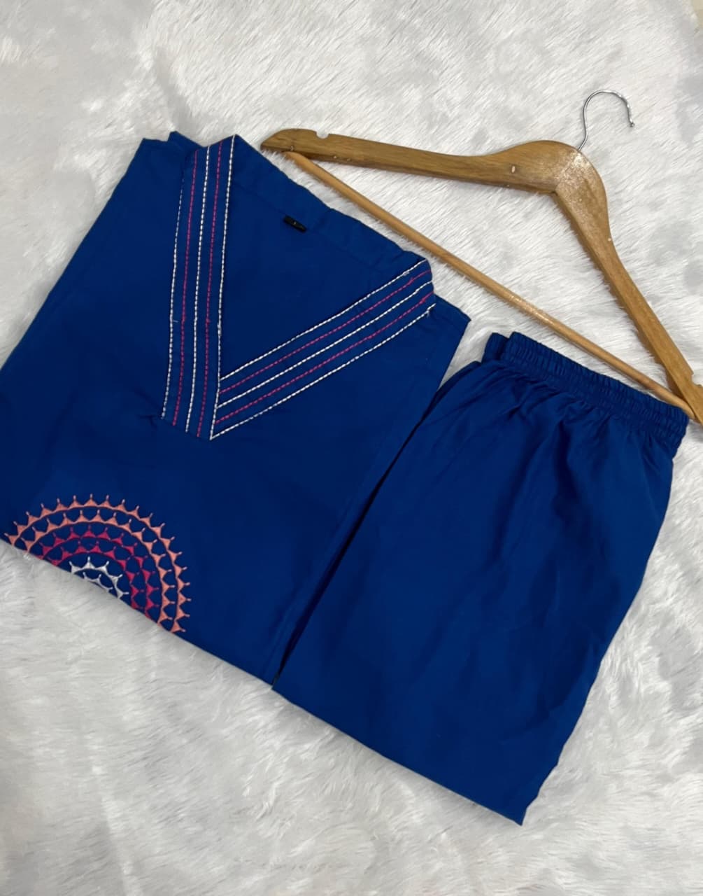Blue Cotton Embroidered A-line Kurti Set - Image 4