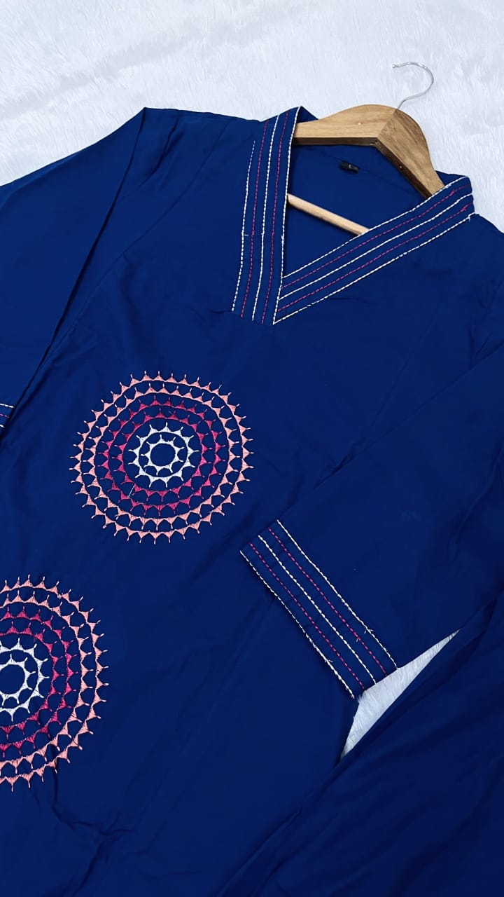 Blue Cotton Embroidered A-line Kurti Set - Image 5