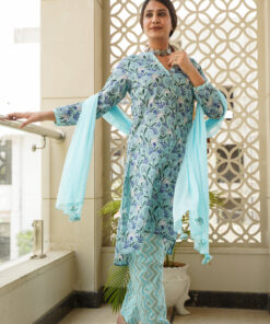 Alternative view of Sky blue Hilo Floral Cotton Kurta - (Set of 2)