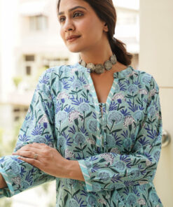 Sky blue Hilo Floral Cotton Kurta - (Set of 2)