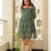 Green Georgette Printed Sqaure Neck Flared Dress