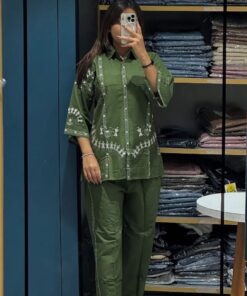 Olive Green embroidered cotton co-ord set