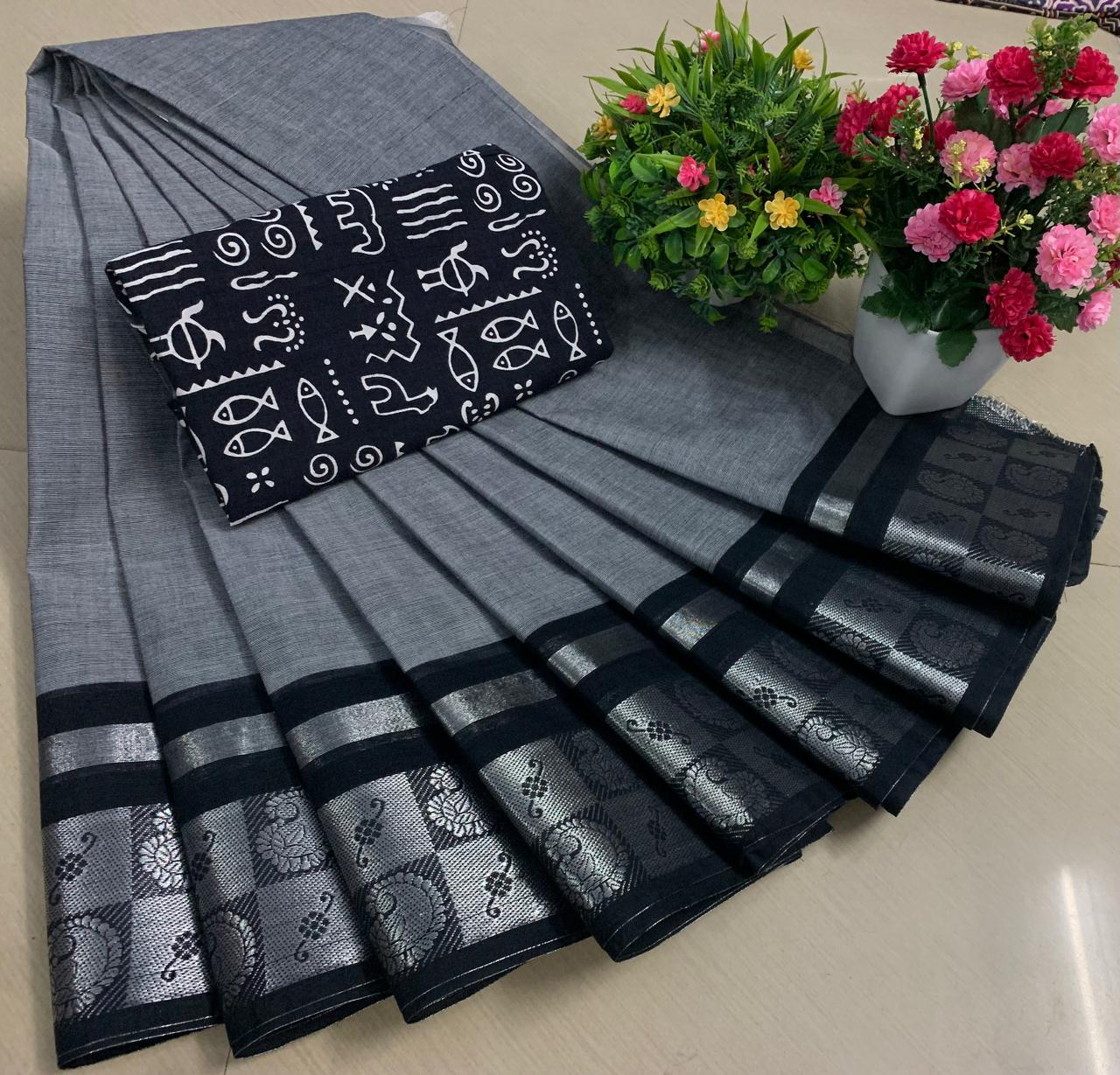 Premium Pure Chettinad Cotton Sarees with Kalamkari Blouse