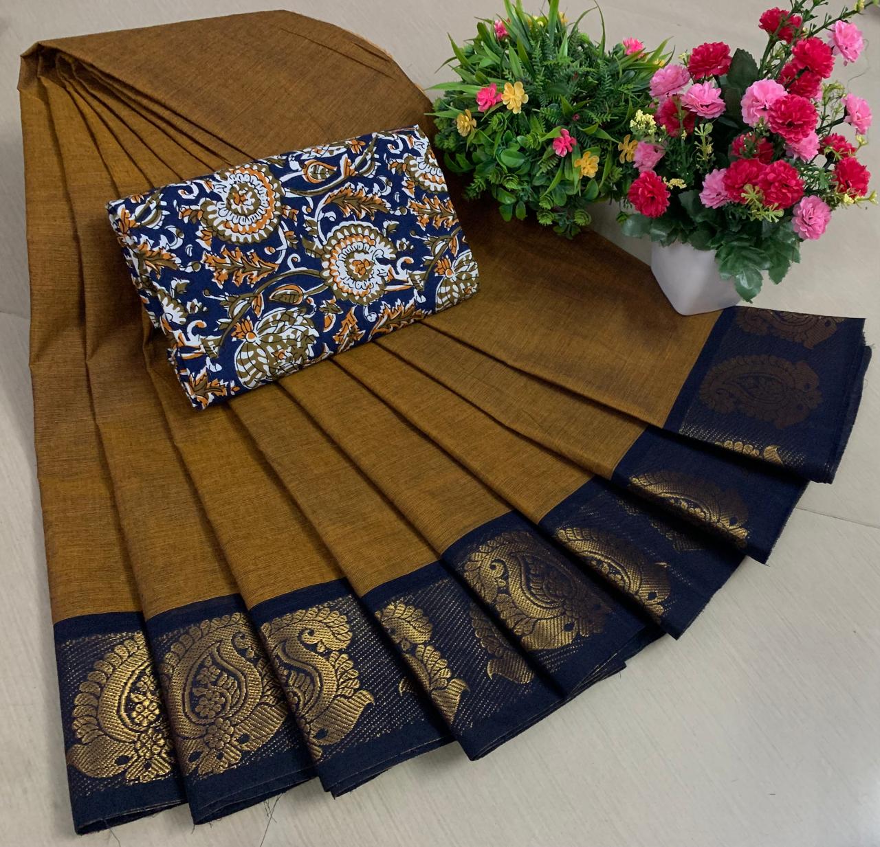 Premium Pure Chettinad Cotton Sarees with Kalamkari Blouse - Image 2