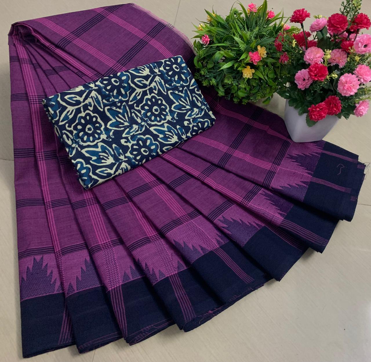 Premium Pure Chettinad Cotton Sarees with Kalamkari Blouse - Image 3