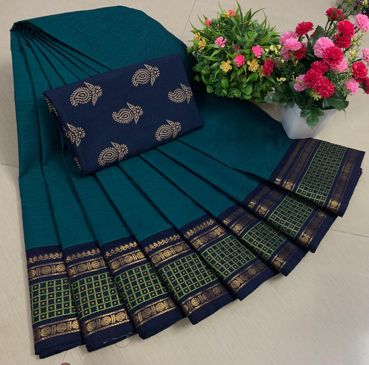 Premium Pure Chettinad Cotton Sarees with Kalamkari Blouse - Image 5