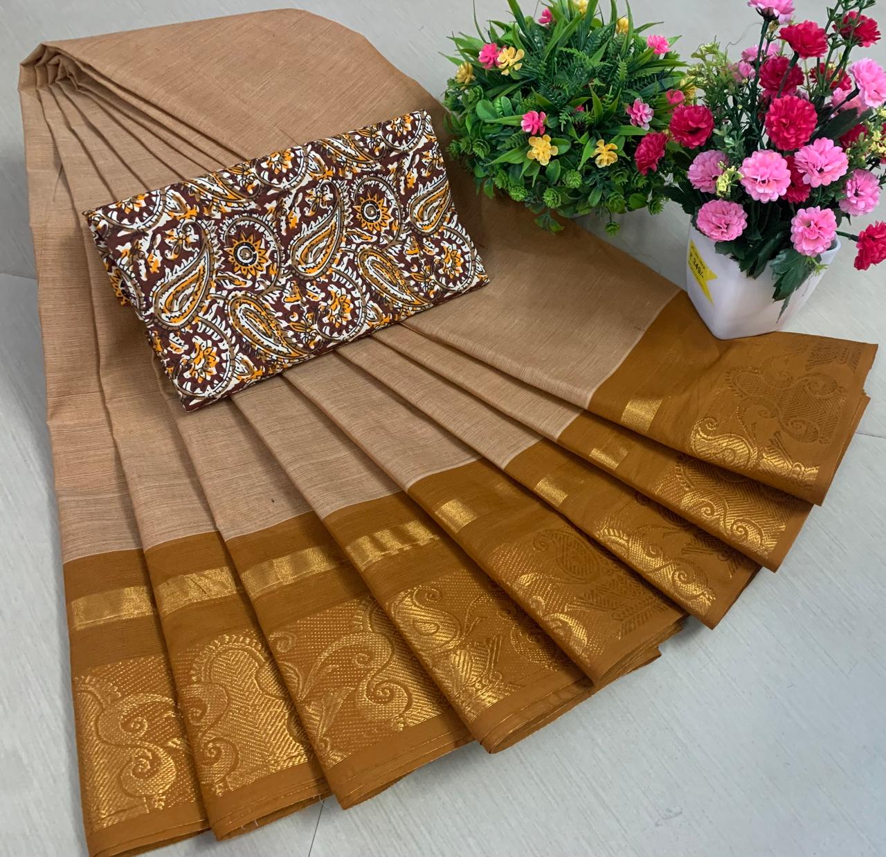 Premium Pure Chettinad Cotton Sarees with Kalamkari Blouse