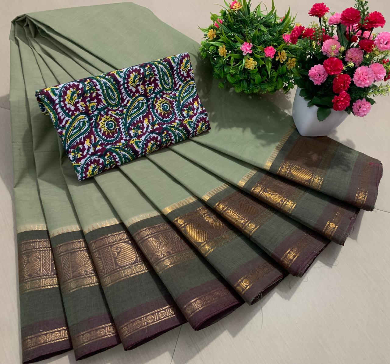 Premium Pure Chettinad Cotton Sarees with Kalamkari Blouse