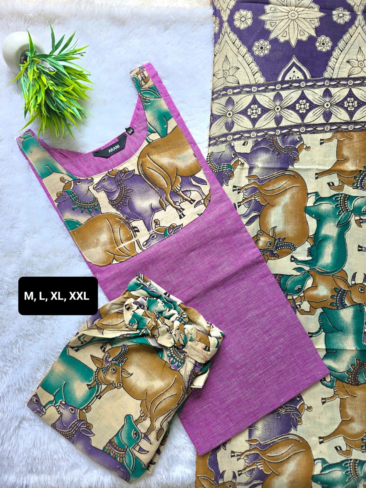 Kalamkari Cotton Kurti Set with Lining, Bottom & Dupatta - Image 3