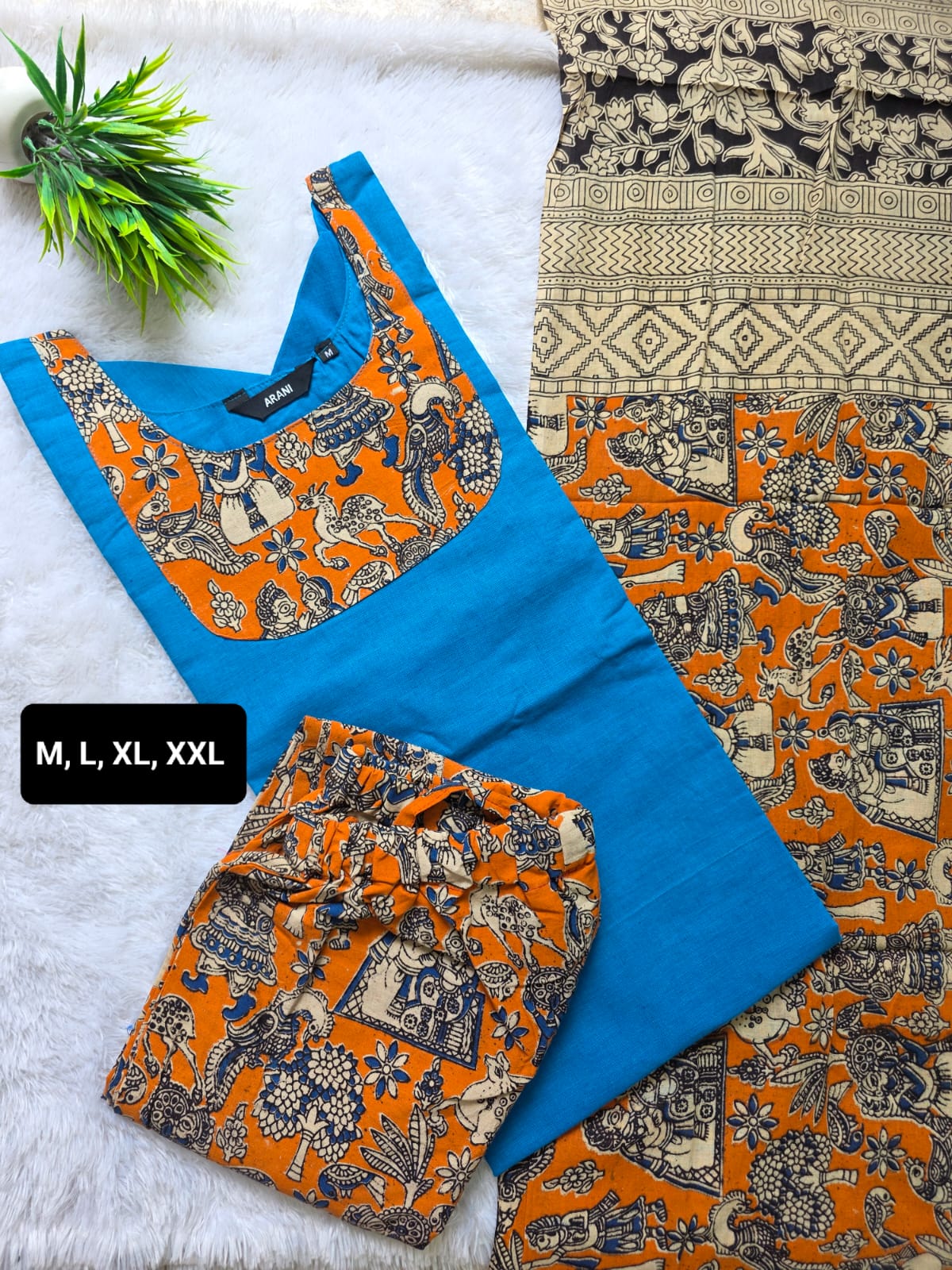 Kalamkari Cotton Kurti Set with Lining, Bottom & Dupatta - Image 2