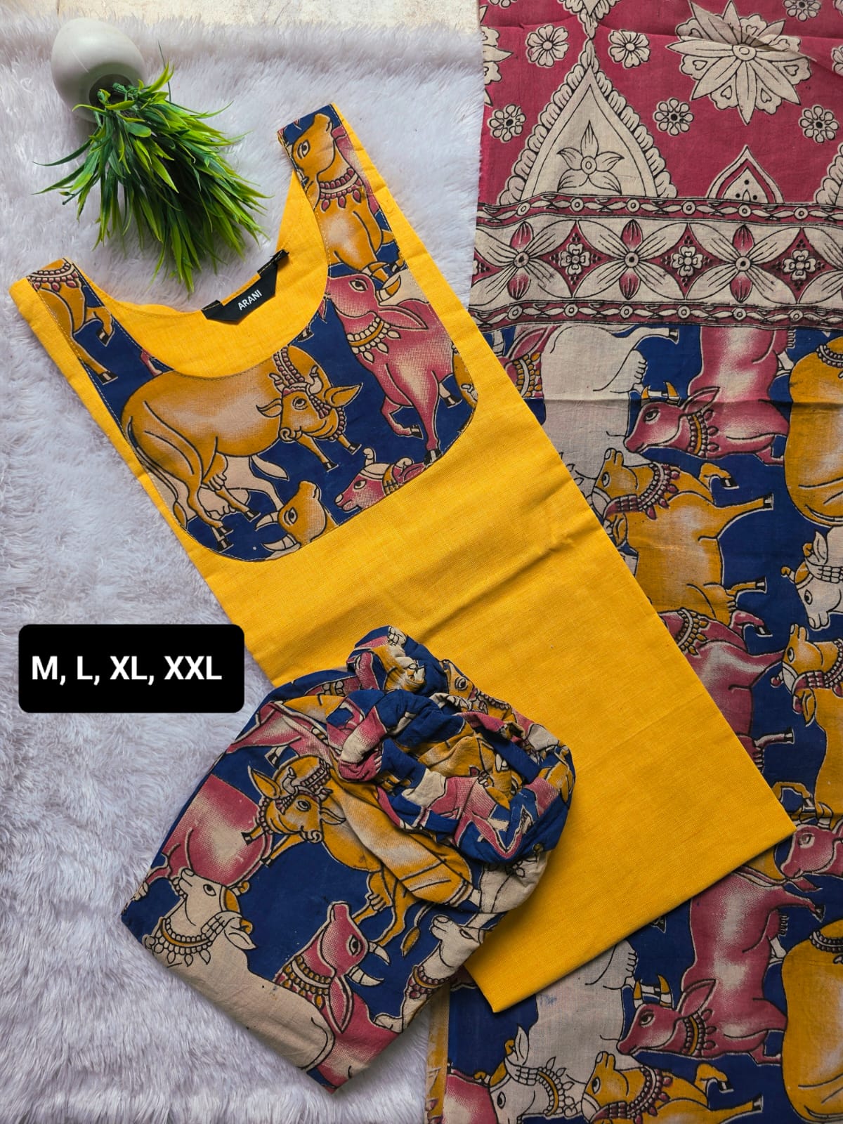 Kalamkari Cotton Kurti Set with Lining, Bottom & Dupatta - Image 5
