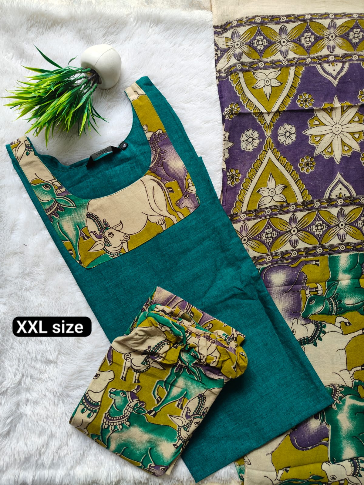 Kalamkari Cotton Kurti Set with Lining, Bottom & Dupatta - Image 7