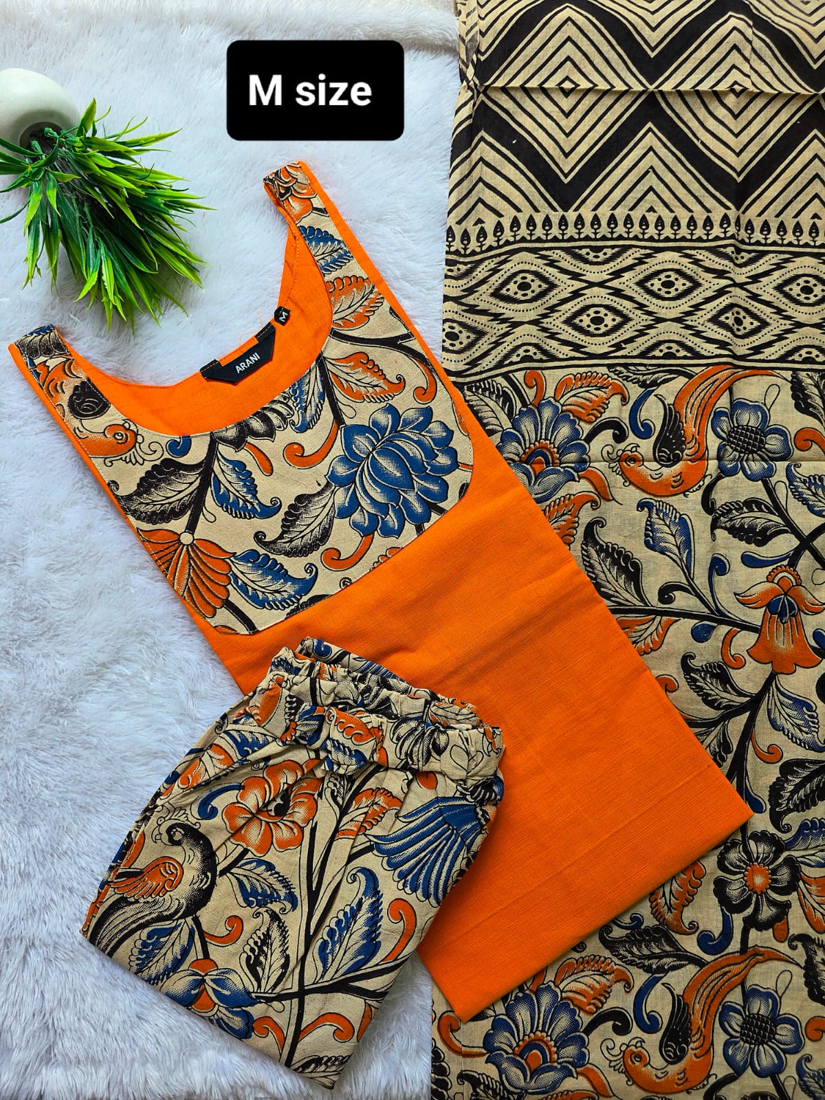 Kalamkari Cotton Kurti Set with Lining, Bottom & Dupatta
